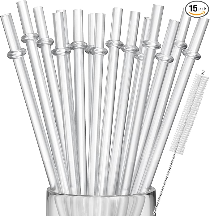 15 Pieces 10 Inch Clear Reusable Plastic Replacement Drinking Straws, Fit for 24 oz 32oz 40oz Mason Jars, Tumblers, BPA Free Unbreakable Drinking Straws with Cleaning Brush