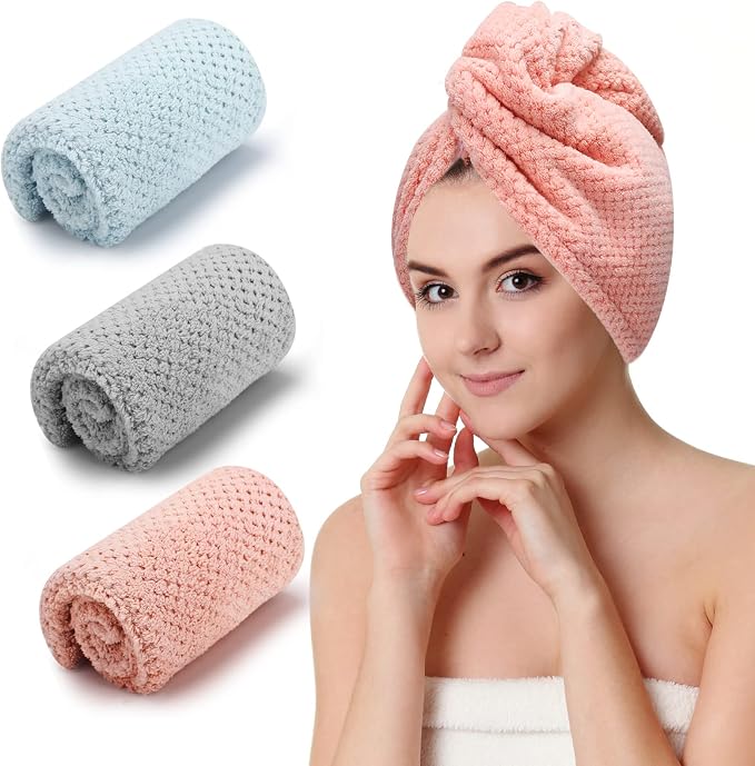 CZZXI 3 PCS Microfiber Hair Towel, Hair Wraps for Women Wet Hair | , Fast Drying Hair Turban, Anti Frizz Head Towels Wrap for Curly Hair (Beige, Khaki, Grey)