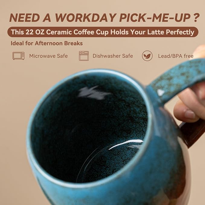 Handmade 22oz Ceramic Coffee Mug, Ergonomic Large Handle, Ideal Gift for Coffee Lovers, Microwave & Dishwasher Safe (Minute-Blue&Orange)
