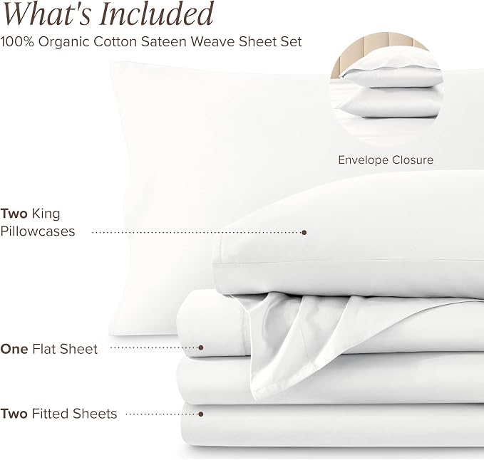 Bare Home 100% Organic Cotton Split King Sheet Set - 400 Thread Count - Smooth Sateen Weave - Breathable & Cooling - Hotel Luxury Set - Deep Pocket Bed Sheets (Split King, White)