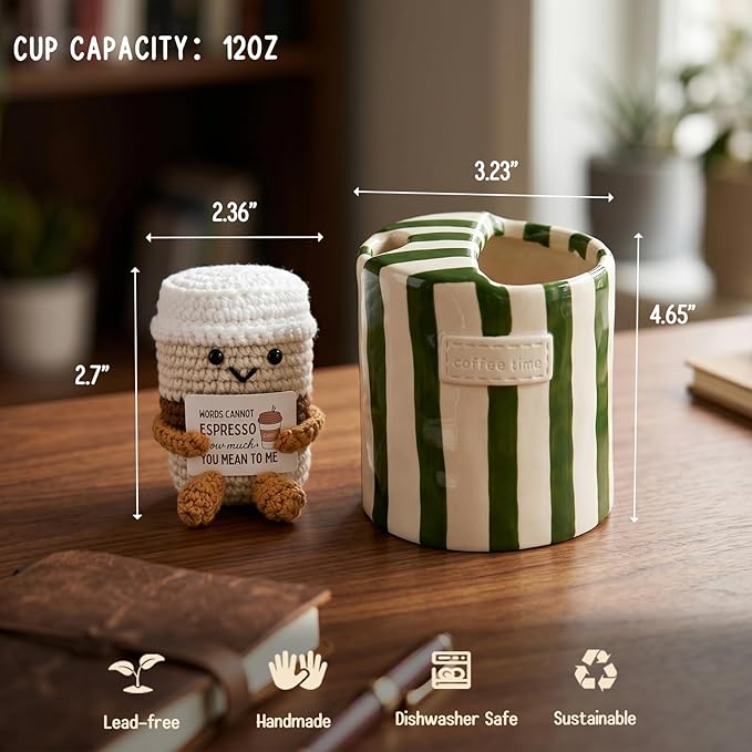 Coffee Lover Gift Set for Women Men, Ceramic Coffee Mug and Handmade Crochet Potato Partner Toy with Positive Card for Friends Teachers Staff Employees Volunteers Birthday Office Desk Decor