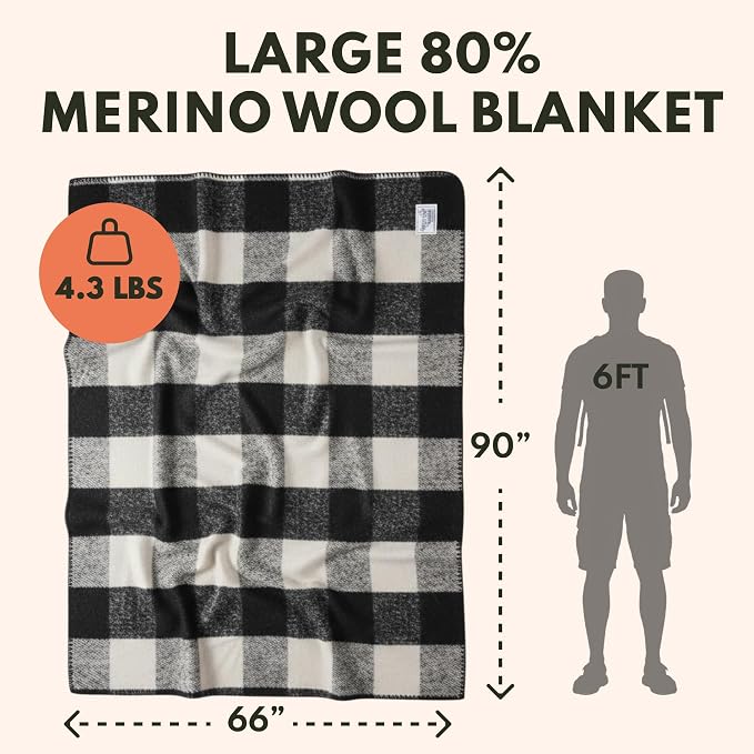 Woolly Mammoth Woolen Company Merino Wool Blanket, 66" x 90" Granite | Temperature Regulating - Fire-Resistant - Warm Camping Blanket for Car Emergency Kits, Picnics, Summer Festivals and Stadiums