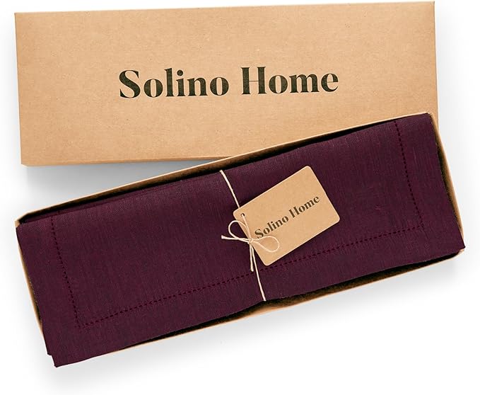 Solino Home Linen Cloth Placemats Set of 4-100% Pure Linen Hemstitch Chambray Burgundy Placemats 14 x 19 Inch - Milan Hemstitch Table Place Mats