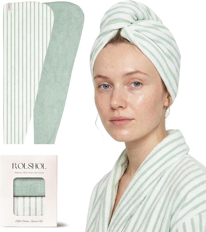 ROLSHOL Cotton Hair Towel Wrap for Women, 2 Pack 100% Cotton Hair Drying Towels for Long, Thick & Curly Hair, 32" x 11" Large Hair Turban for Wet Hair with Elastic Band (Light Green)