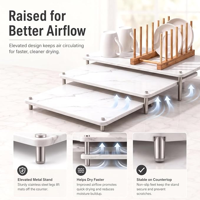 3 Tiers Large Nesting Stone Dish Drying Mats (24"x16" & 20"x16" & 16''x 12'') with Bamboo Dish Rack for Kitchen Counter, White Nestable Diatomaceous Earth Drying Mats with Non-Slip Feet