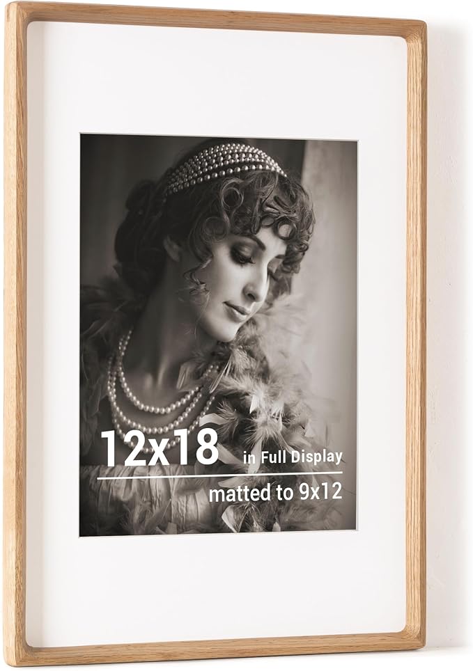Fun Memories 12x18 Poster Frame, USA-Sourced Oak Wood Picture Frame with HD Tempered Glass, Handcrafted Rounded Corner 12 x 18 Wooden Frames Matted to 9x12 Photos, Horizontal or Vertical Wall Display