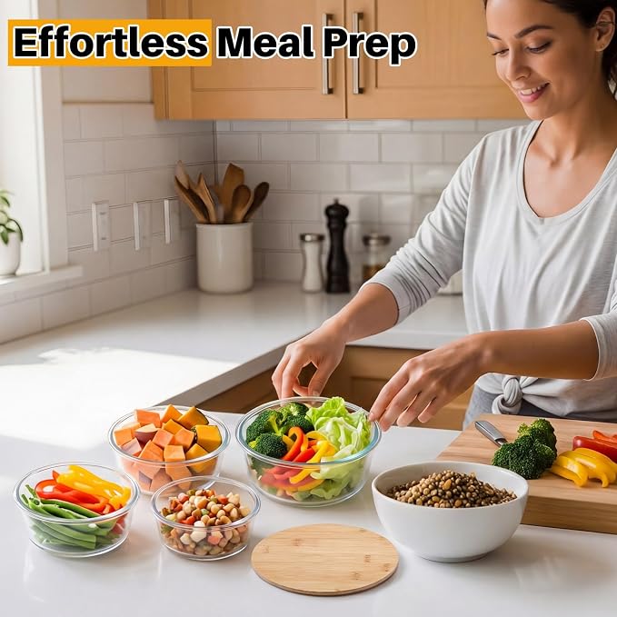 Blushtier 4 Pack 44/32/ 21/14 oz Borosilicate Glass Food Containers with Bamboo Lids, Stackable Glass Bowls for Meal Prep & Lunch, Microwave, Freezer and Dishwasher Safe