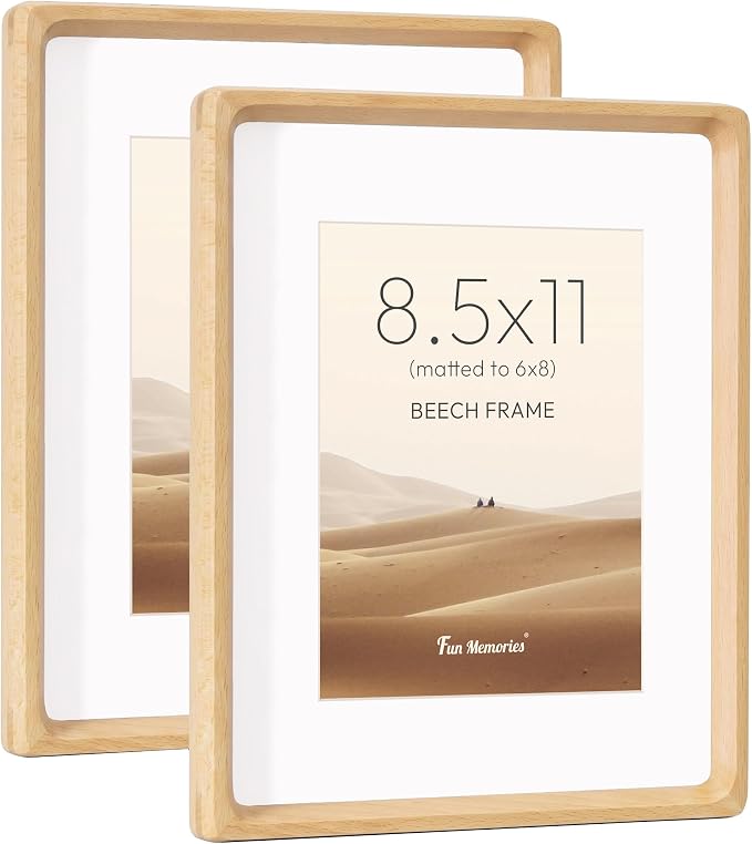 8.5 by 11 Picture Frame, USA-Sourced Beech Wood Photo Frame with HD Tempered Glass, Handcrafted Rounded Corner 8.5x11 Wooden Picture Frames Matted to 6x8 Photos, Tabletop or Wall Display, 2 Pack
