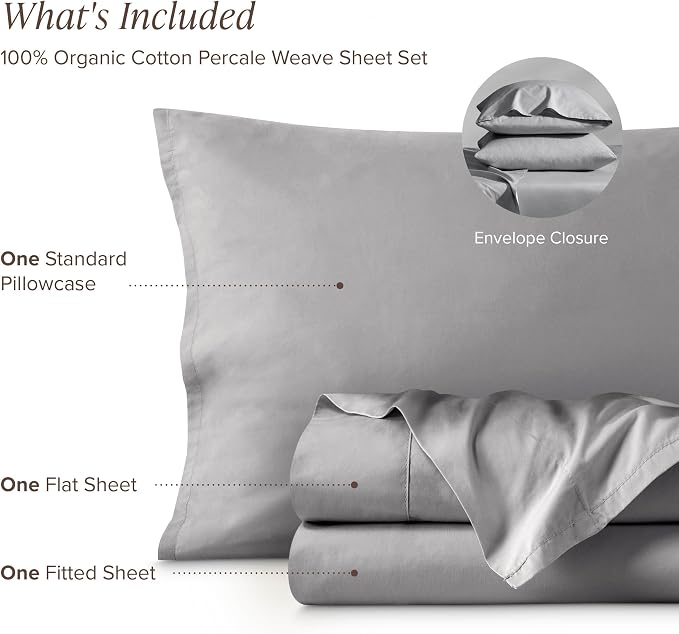 Bare Home 100% Organic Cotton Twin XL Sheet Set - Crisp Percale Weave - Lightweight & Breathable - Bedding Sheets & Pillowcases (Twin XL, Light Grey)