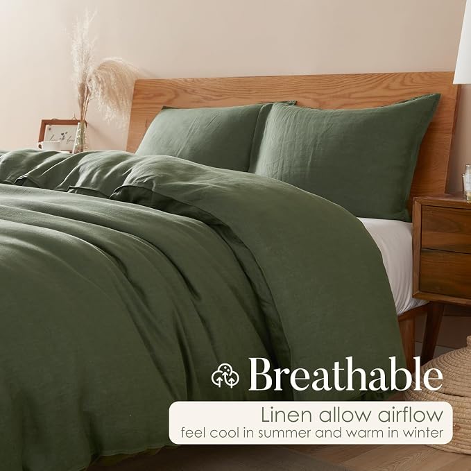 DAPU 100% Linen Olive Green Duvet Cover Set, Pure Natural French Flax Linen with Corner Ties and Zipper Closure Soft Breathable Durable for Hot Sleepers 1 Duvet Cover 2 Pillowcases (Queen)