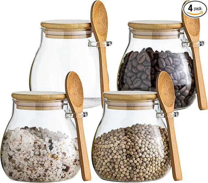 Airtight Glass Food Storage Jars with Bamboo Lid and Spoon - Wide Mouth Leak Proof Kitchen Canisters for Coffee Beans,Tea Leaves,Cereal,Flour,Nuts,and Pantry Organization (16oz 4PCS)