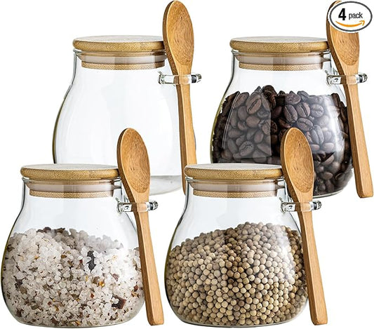 Airtight Glass Food Storage Jars with Bamboo Lid and Spoon - Wide Mouth Leak Proof Kitchen Canisters for Coffee Beans,Tea Leaves,Cereal,Flour,Nuts,and Pantry Organization (16oz 4PCS)