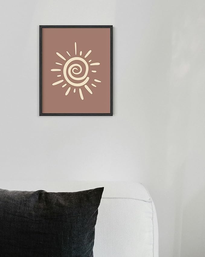 Abstract Spiral Sun Wall Art Swirl Sunburst Print Earth Tones Terracotta Tan Mid Century Modern 8x10 Inch Oak Wood Black Framed Tribal Boho Decor for Living Room