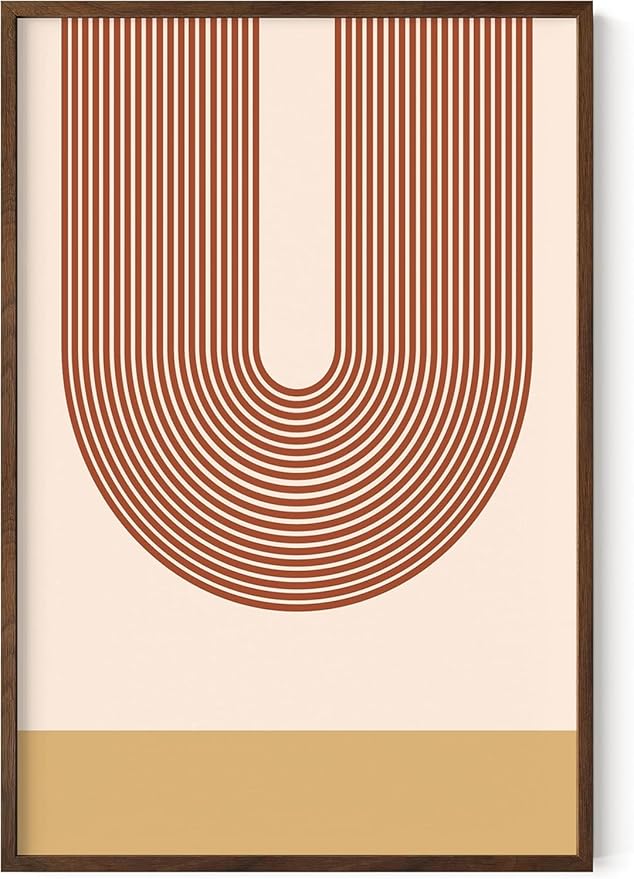 Continuous Line Face Wall Art Abstract Portrait Organic Shapes Earth Tones Terracotta Mid Century Modern 24x36 Inch Oak Wood Walnut Framed Minimalist Line Drawing for Vanity