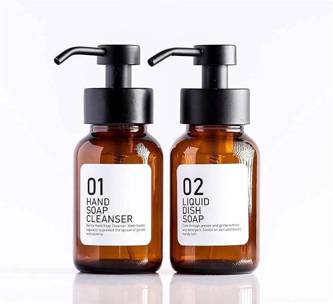 soap Dispenser Hand and Dish Soap Dispenser Set for Kitchen Amber Glass Bottles Refillable Lotion Bottle