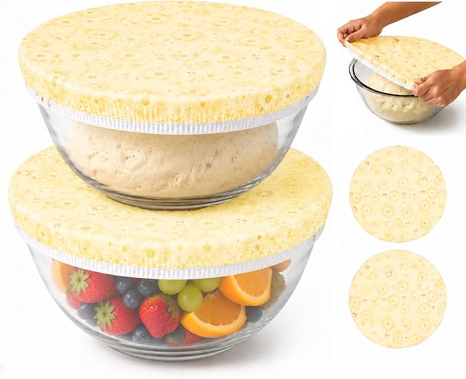 Reusable Bowl Covers Elastic, Beeswax Food Wraps for Sourdough Bread (Beige) | Shower Caps for Sourdough Bread Proofing, Washable Sustainable Cloth Covers for Kitchen Mixing Bowls, 2-Pack