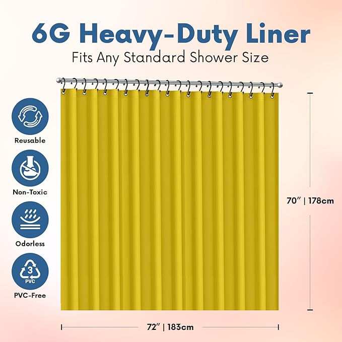 No Smell Shower Curtain Liner 72x72 Yellow - PEVA Plastic Shower Curtain for Bathroom, PVC-Free Waterproof Yellow Shower Liner with Metal Grommets and Magnet-Weighted Bottom Hem - Washable Liner