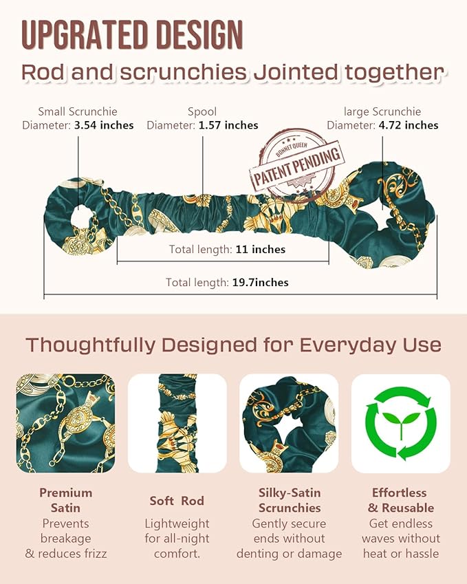 BONNET QUEEN Multi-function Satin Heatless Hair Curler & Hair Tie Non-Heating Hair Roller Curling Rod with Scrunchie, Large, DarkGreen(For Big Curls)