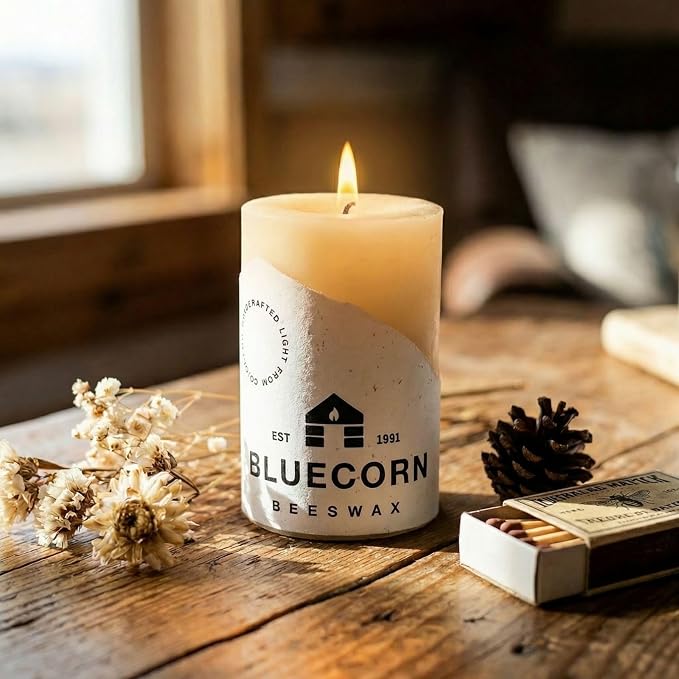 Bluecorn Beeswax 100% Pure Beeswax Pillar Candles | Ivory White 2x3 Pillar Candle Set | Non Toxic, Unscented, Clean Burning | Cotton Wick, Dripless, 25 Hr Long Burning | Handmade in USA | 6 Pack