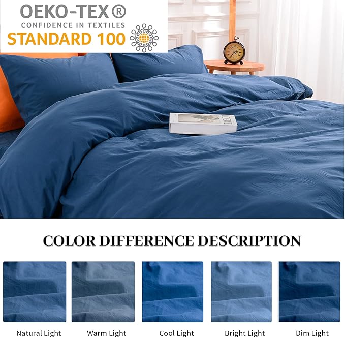 NEXHOME PRO Duvet Cover Set 100% Washed Cotton Oversized Queen 98"x98", Organic Natural Linen Look Textured 3 Pieces Bedding Set Royal Navy Klein Blue with Zipper Closure, Soft (No Comforter)