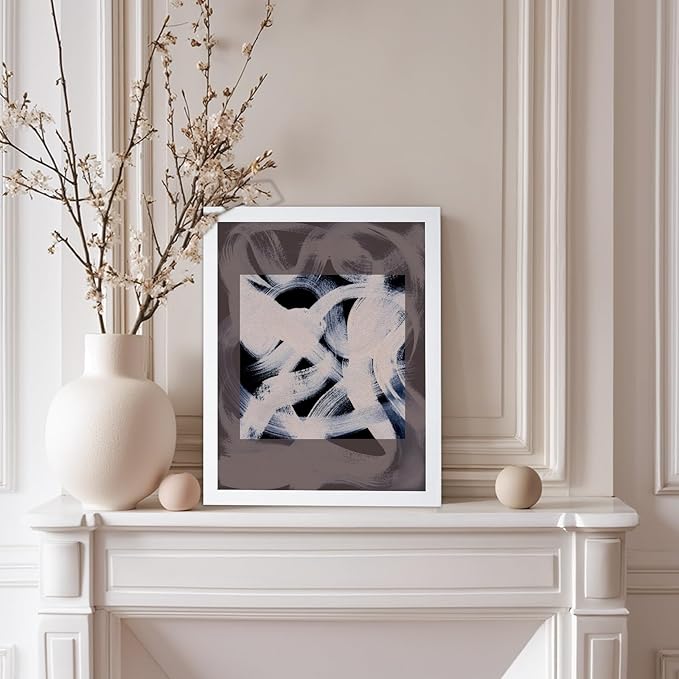 Monem Art Monochrome Abstract Brushstroke Painting Print - Modern Minimalist Graphic Art Poster - Wall Decor for Living Room, Bedroom or Office - 8x10 White Framed Wall Art by Mareike Bohmer