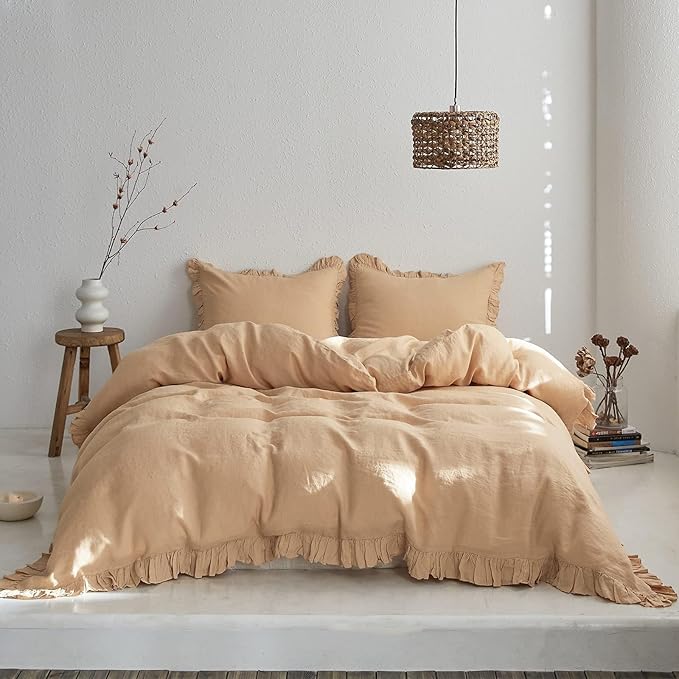Simple&Opulence 100% Linen Duvet Cover Set, 3 PCS Natural French Flax Sand Ruffle Duvet Cover King Size, Breathable Comfy Linen Bedding Comforter Cover with 2 Pillowcases (Sand, 104" X 92")