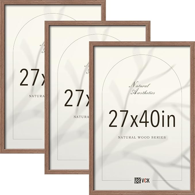 VCK 27x40 Poster Frame 3 Pack - Walnut Solid Wood Picture Frames, Exclusive Wood Grain Picture Frames, Wall Hanging
