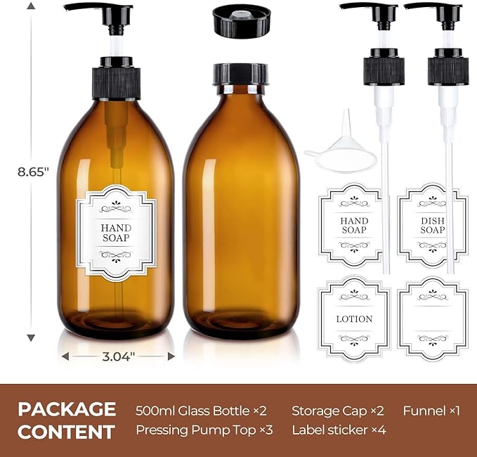 16 oz Amber Glass Soap Dispenser with Pump, Glass Pump Bottle for Lotion Body Oil, 500ml Hand and Dish Soap Dispensers Set with Storage Caps, Labels - 2 Pack
