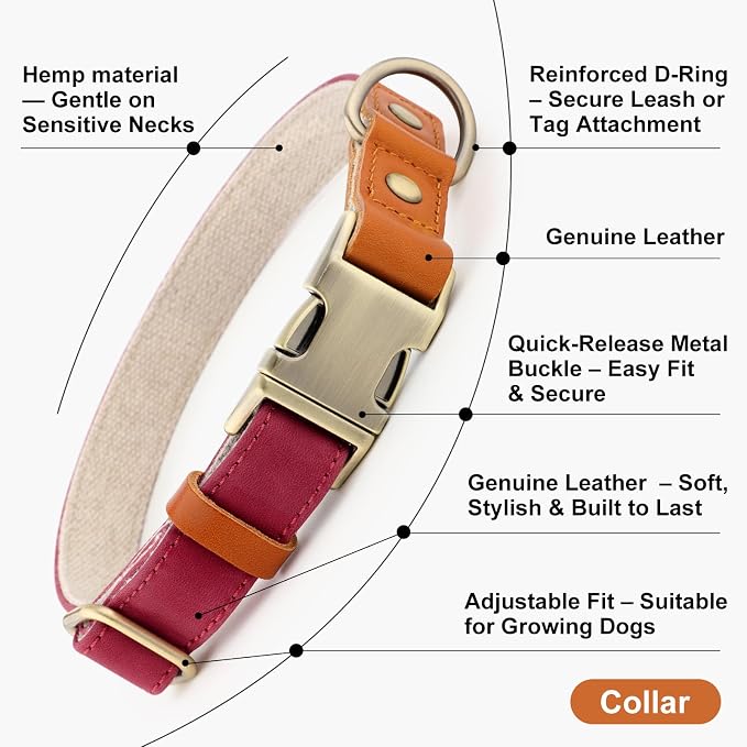 Plutus Pet Genuine Leather & Hemp Dog Collar – Adjustable Heavy Duty Pet Collar with Quick Release Metal Buckle, Soft & Stylish for Puppy and Small, Medium, Large Dogs (Burgundy, S)