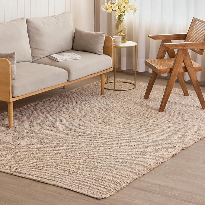 HOMEMONDE Hand Woven Jute Cotton Area Rug 6' x 9' ft Rectangle Natural Farmhouse Rug - Rustic Vintage Boho Decor Rug for Living Room, Bedroom, Dining Room