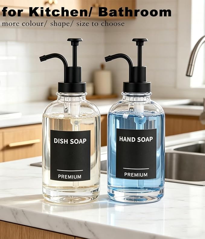 Dish Soap Dispenser for Kitchen, Hand Glass Soap Dispenser Set with Pump, Tray, Funnel for Bathroom, Shower, Laundry, Liquid, Lotion (Black 2 Pack 18 Oz Clear Bottles with 12 Stickers)