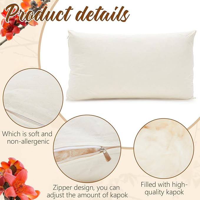 Leinuosen 1 Pack Organic Kapok Pillow 30" x 20" Natural Kapok Fiber Filled Sleeping Pillows with Breathable Cotton, Adjustable Height Soft and Supportive for Sleeping(Minimalist)
