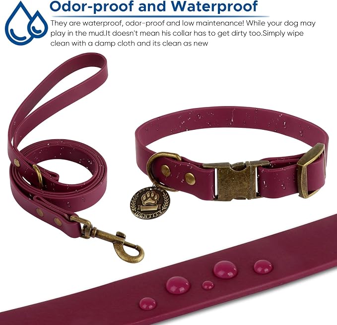 Wisedog Waterproof Dog Collar and Leash Set, XL, Burgundy | Adjustable Puppy Collar, Cute Tag, 6FT Dog Leash, Poop Bag Included, Small Medium Large Dogs