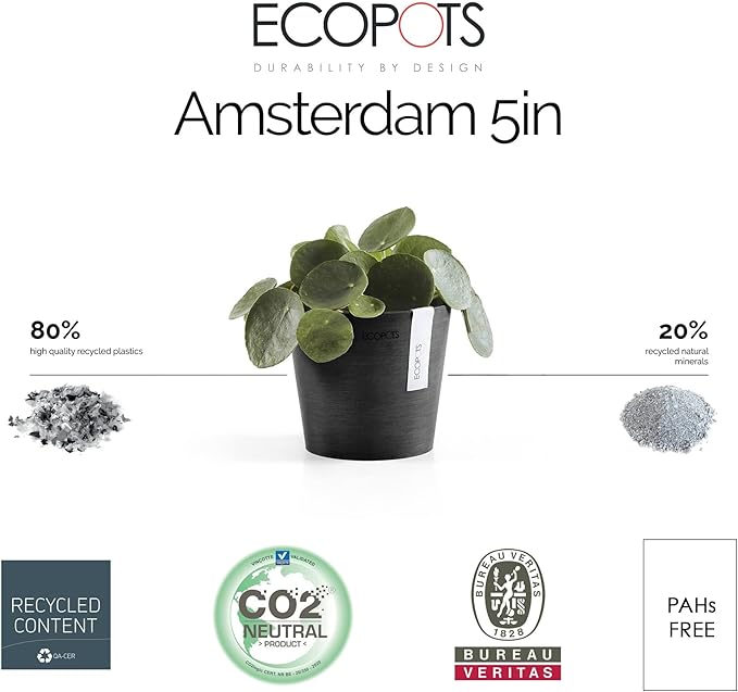 Ecopots Amsterdam Mini Durable Modern Round Recycled-Based Composite Flower Pot Planter, White Grey, 5"
