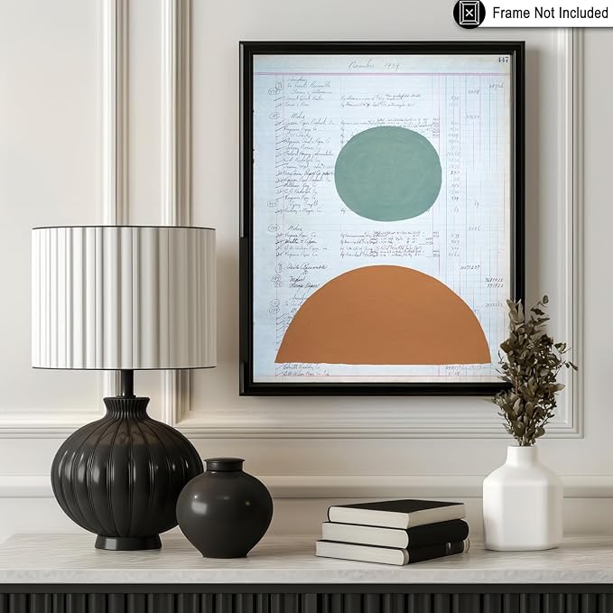 Monem Art Vintage Ledger Abstract Geometric Print - Modernist Teal and Ochre Art Poster - Wall Decor for Office, Living Room or Studio - 16x20 Unframed Wall Art by Renee Stramel