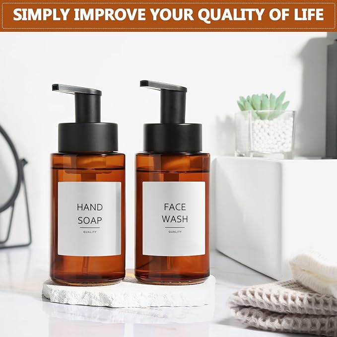 RYTOXILO Amber Foam Soap Dispenser, 10 oz/300ml Glass Foaming Soap Dispenser, 4 Pcs Foaming Hand Dispenser for Bathroom & Kitchen, Refillable Bottle with Waterproof Labels