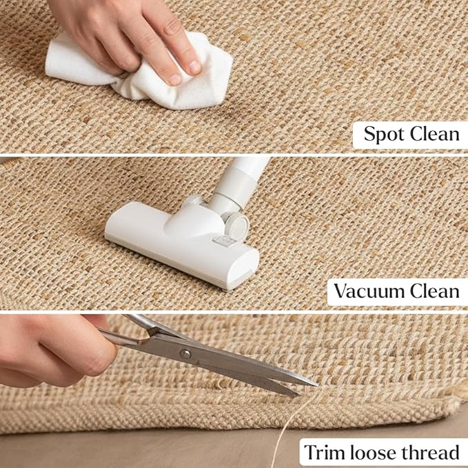HOMEMONDE Hand Woven Jute Cotton Area Rug 6' x 9' ft Rectangle Natural Farmhouse Rug - Rustic Vintage Boho Decor Rug for Living Room, Bedroom, Dining Room