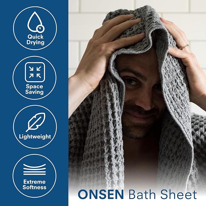 ONSEN Supima® Waffle Bath Sheet, Large, Quick Dry Lint Free 100% USA Cotton, Oversize Lightweight Absorbent Bath Sheet, 38x67 in (Cinder Grey, 1x Bath Sheet)