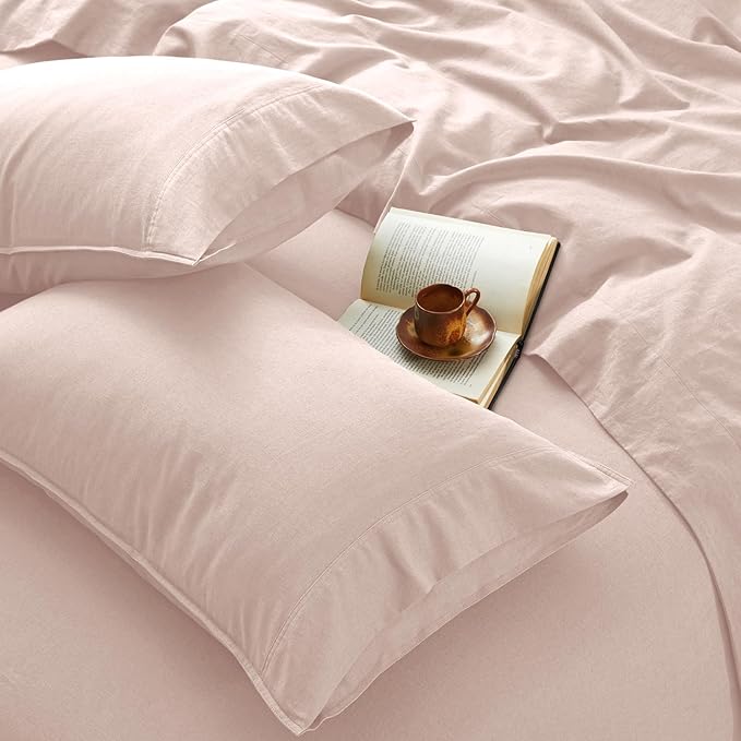 4Pcs Organic Linen Sheets Full Size, 100% French Linen from Normandy, Breathable Pink Full Sheet Set with 16 Inch Deep Pocket, 1 Flat Sheet, 1 Fitted Sheet, 2 Pillowcases