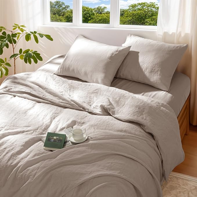 100% Pure Linen Duvet Cover Set King Size 3 Pcs Natural Linen Bedding Zipper Closure Breathable Soft Comforter Cover Sets, Cozy for All Season (King, Linen)