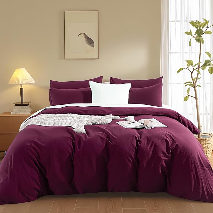 NEXHOME PRO 100% Washed Cotton Duvet Cover King Size, Ogranic Natural Linen Feel Breathable Bedding Set with Zipper Closure, 3 Pieces Duvet Cover Set Wine (No Comfortert) 10490