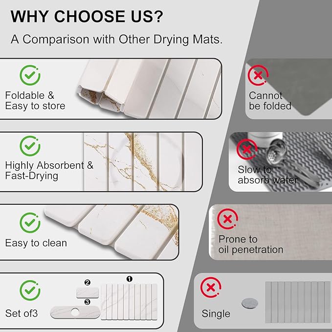 3 PCS Large Stone Dish Drying Mat for Kitchen Counter, Quick Dry Stone Dishes Mats, Sink Faucet Mat, Marble Water Absorbing Diatomaceous Earth Drying Pad for Countertop Tableware, Bottles