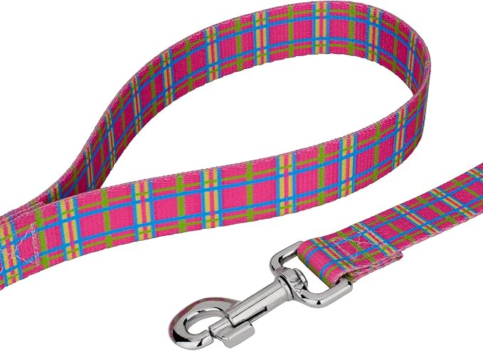 Country Brook Petz - Bubblegum Pink Plaid Everyday Collar and Leash - Plaid and Argyle Collection Featuring Charming Designs (1 Inch, Large)