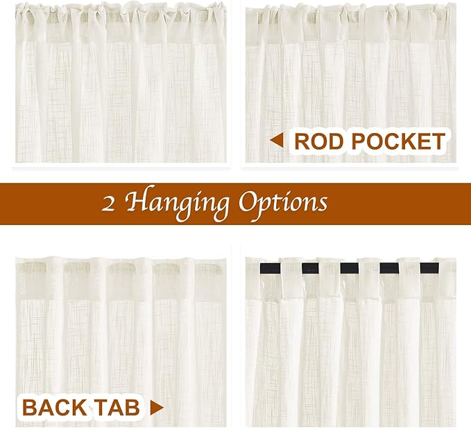 NICETOWN Semi Sheer Curtains 63 inches Long for Bedroom, Rod Pocket & Back Tab Faux Linen Window Treatments Privacy with Light Filter Farmhouse Sheer Drapes for Living Room, Natural, 52" Width, 2 PCs