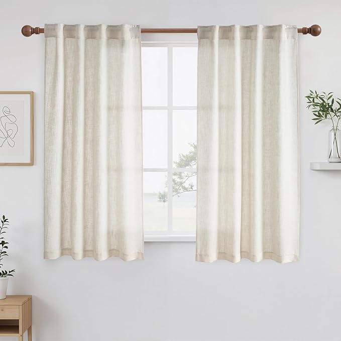 NICETOWN Linen Kitchen Curtains 48 Inch Length, Light Filtering Privacy Small Cafe Curtains 37" W, Linen Textured Elegant Short Window Treatments for Country Office Bedroom Farmhouse