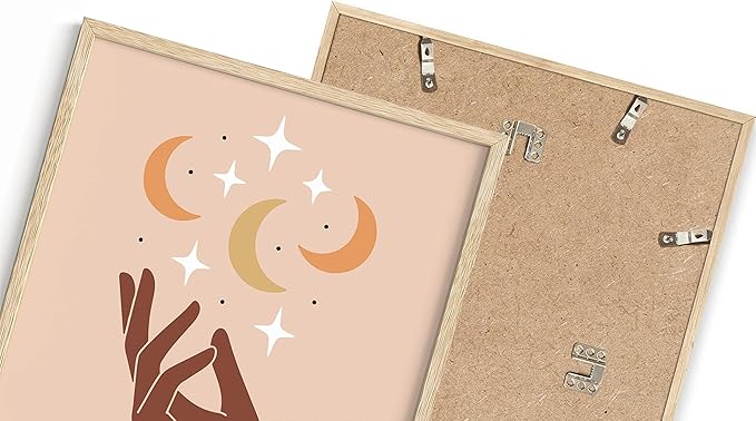 Mystical Hand Wall Art Celestial Moon and Stars Print Earth Tones Terracotta Mid Century Modern 16x20 Inch Oak Wood Beige Framed Spiritual Decor for Bedroom