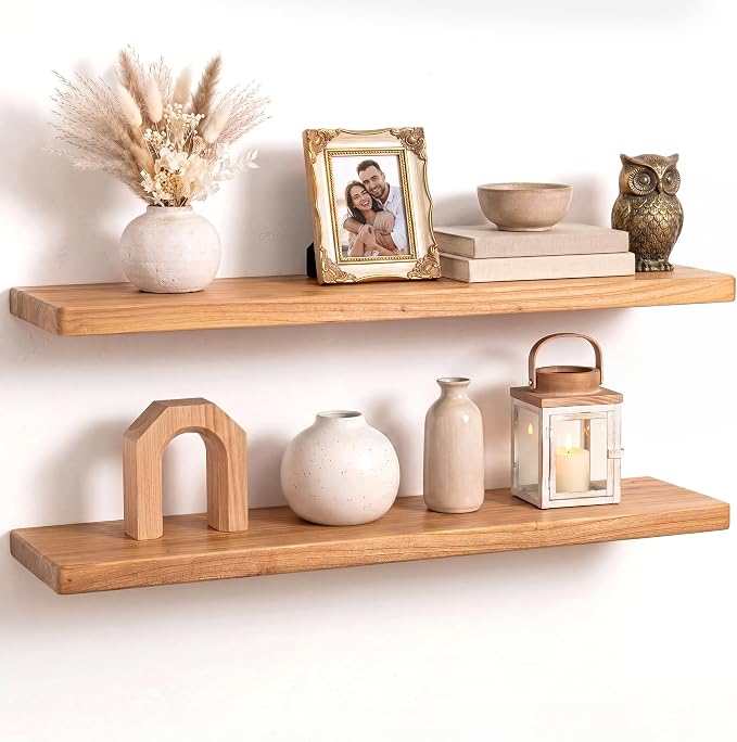 Fun Memories 36 Inch Floating Shelf, 8 Inch Deep Rounded Edge Solid Elm Wood Wall Shelf with Hidden Bracket, Modern Floating Shelves for Living Room & Fireplace