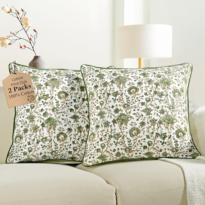 CPC Vintage Garden Green Block Print Throw Cushion Cover 24 x 24 Inch Set 2 - Decorative Boho Floral Pillow Case for Living Room, Bed, Sofa, Couch, Home Decor Gift for Spring, Mother's Day