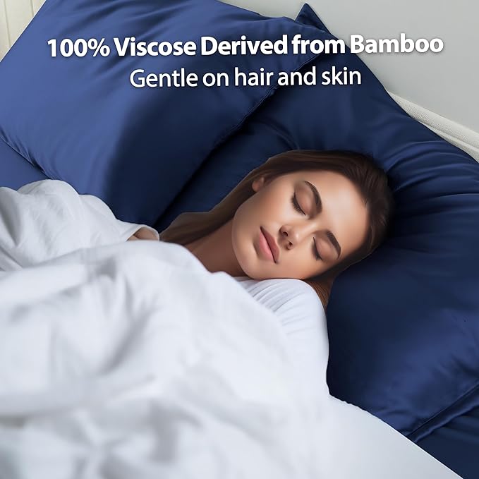 2 Pack Cooling Pillow Cases,Viscose Derived from Bamboo Pillow Protectors Standard Size Set of 2, 400 Thread Count Soft Silky Breathable Summer Pillow Cover with Zipper Hidden 2PCS, NavyBlue, Standard
