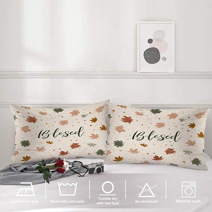 Shrahala Blessed Autumn Leaves Pillowcases, Cozy Autumn Leaf Pattern Lumbar Pillow Cover Decorative Blended Double-Sided No Inserts for Bedroom Sofa Living Room Set of 2 (26 x 20 in)